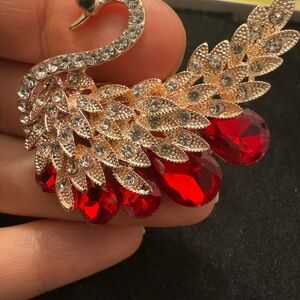 Elegant Red and Gold Swan Brooch